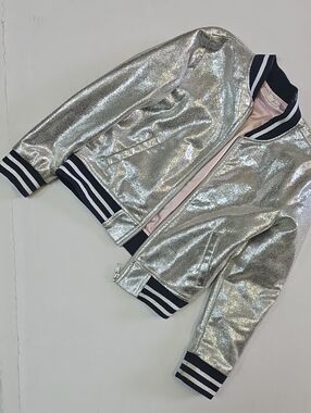 Girls Metallic Silver Bomber Jacket with Navy Stripe Trim